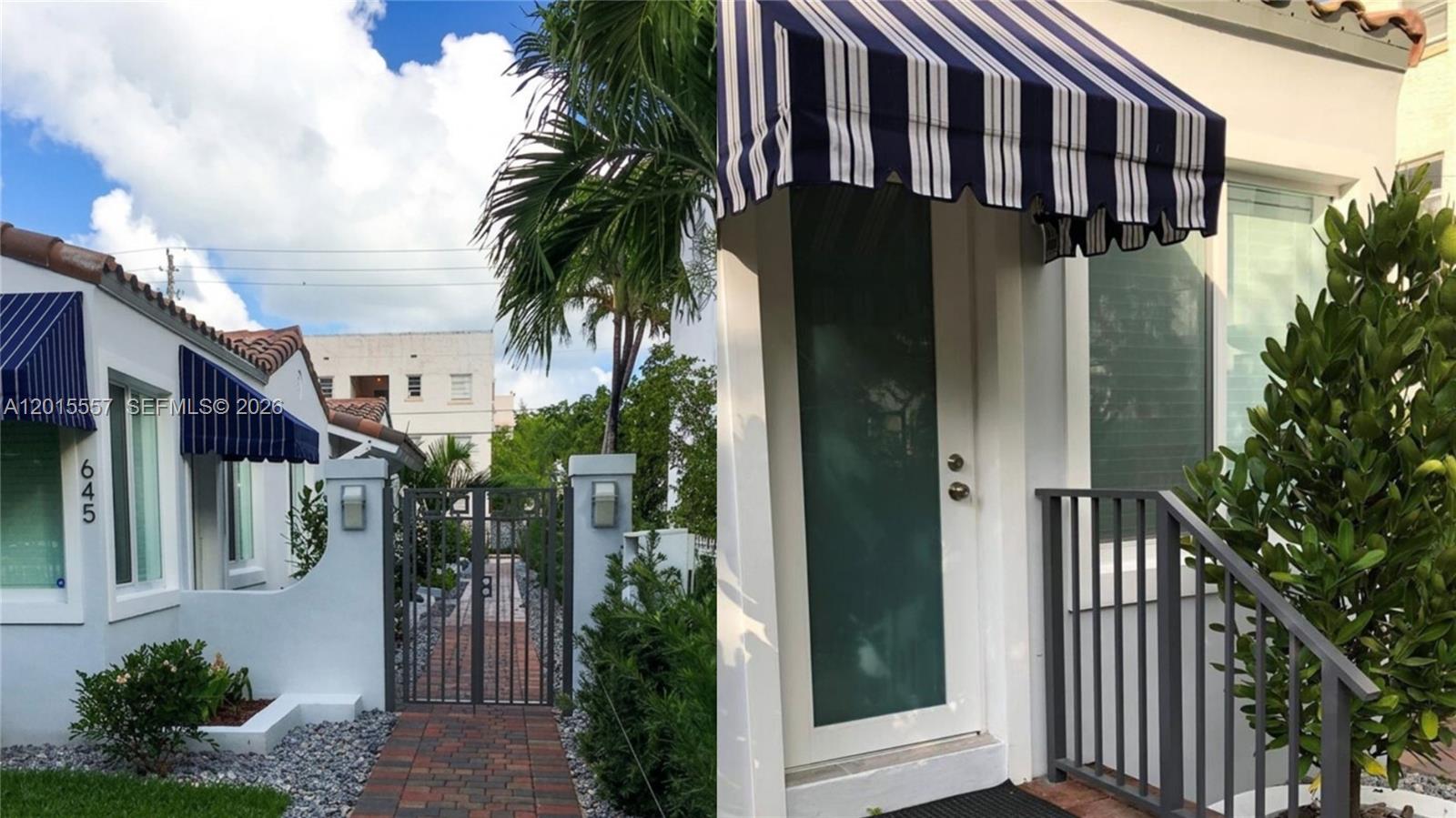 A split-view image shows a white building exterior with striped awnings and a gated entrance — 645 Lenox Ave, Miami Beach FL 33139, MIAMI BEACH, FL