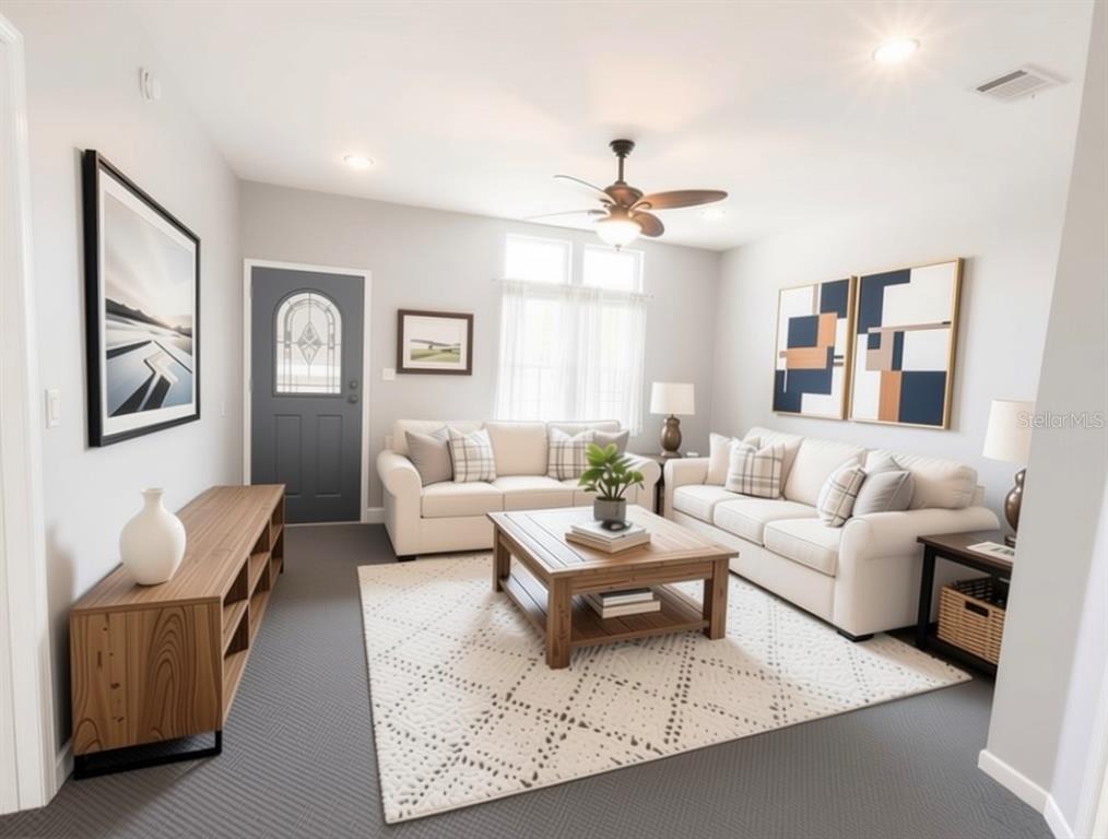 A living room features two white sofas, a wooden coffee table, and a gray door — 13718 COUNTY ROAD 109D-3, LADY LAKE, FL