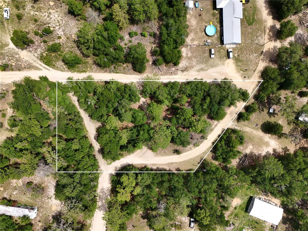 An aerial view shows a wooded, rectangular plot of land outlined in white — 225 MIRROR LAKE DRIVE, INTERLACHEN, FL