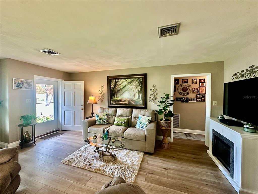 A living room features a sofa, a fireplace, a television, and light wood-look flooring — 790 AVENUE Q SE, WINTER HAVEN, FL