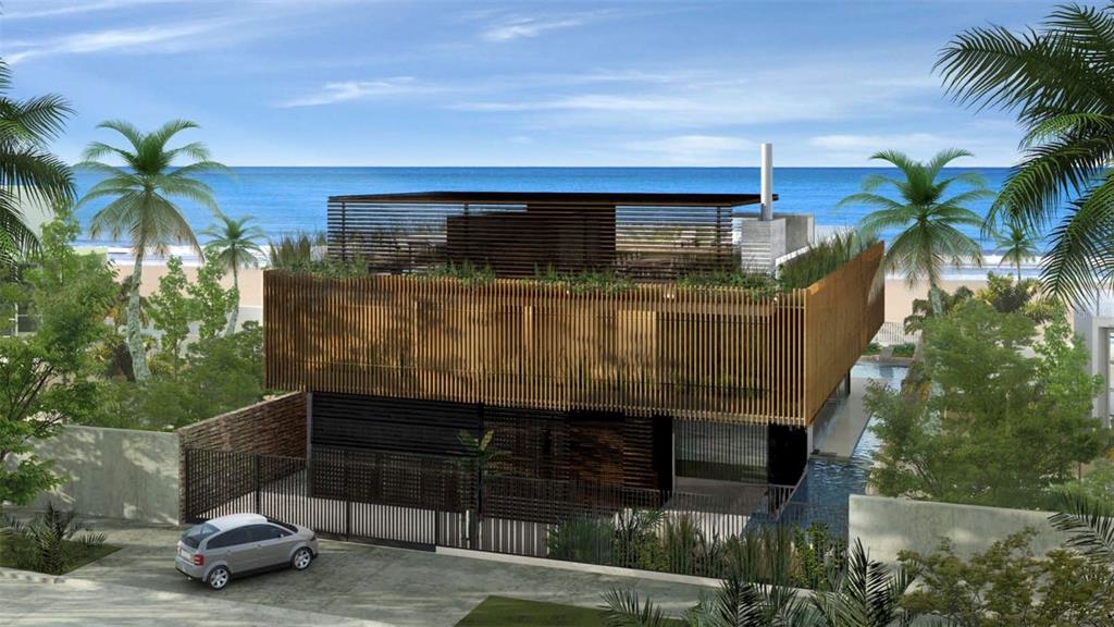 This architectural rendering shows a modern multi-story beach house with vertical wood slat exterior siding — 2021 CALLE ITALIA, SAN JUAN, PR