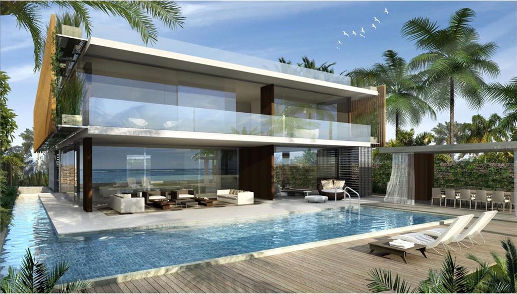 This architectural rendering shows a modern two-story beachfront home with a pool and wooden deck — 2021 CALLE ITALIA, SAN JUAN, PR