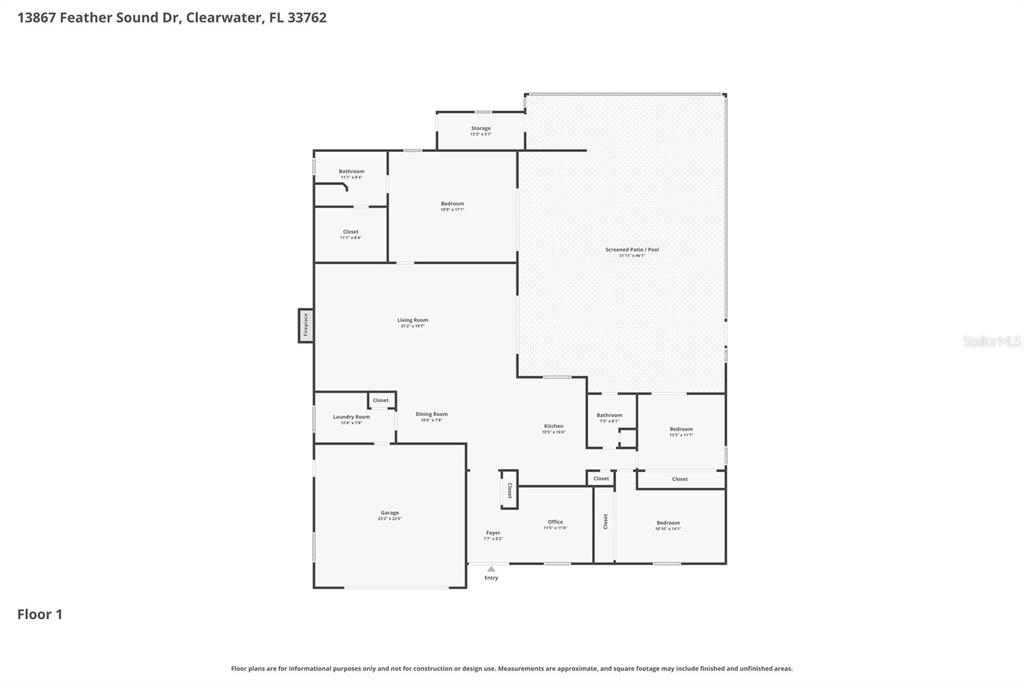 This is a floor plan of a single-story house featuring a garage, pool, and patio — 13867 FEATHER SOUND DRIVE, CLEARWATER, FL