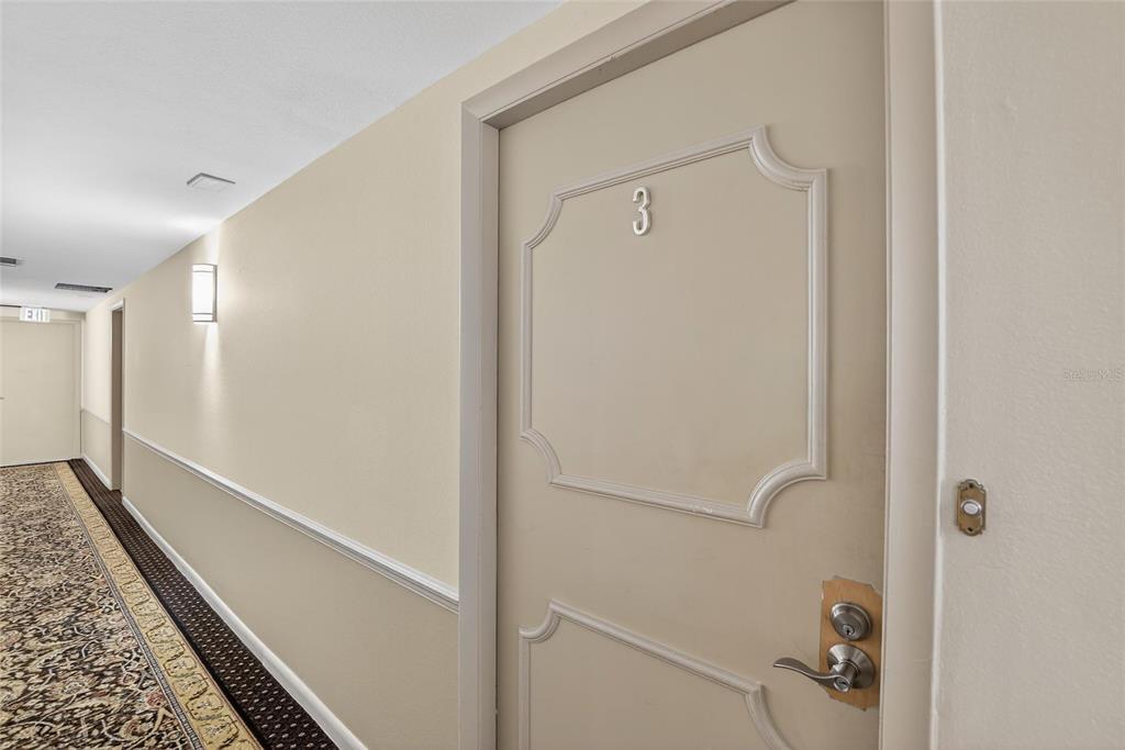 A hallway with patterned carpet leads to a beige door labeled with the number three — 100 PIERCE STREET UNIT 703, CLEARWATER, FL