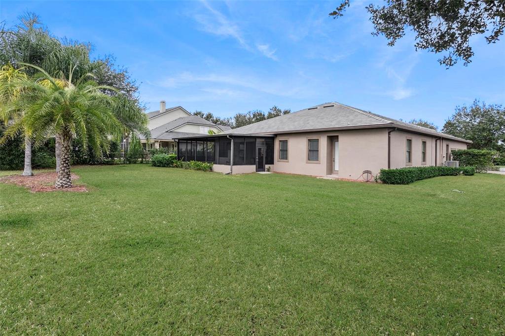 The backyard of a beige house features a screened-in patio and a palm tree — 25499 HAWKS RUN LANE, SORRENTO, FL