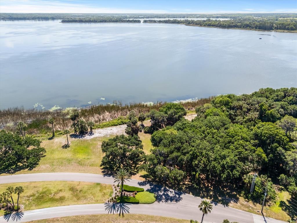 An aerial view shows a paved road curving past a wooded lot bordering a lake — TBD DEER ISLAND ROAD, TAVARES, FL