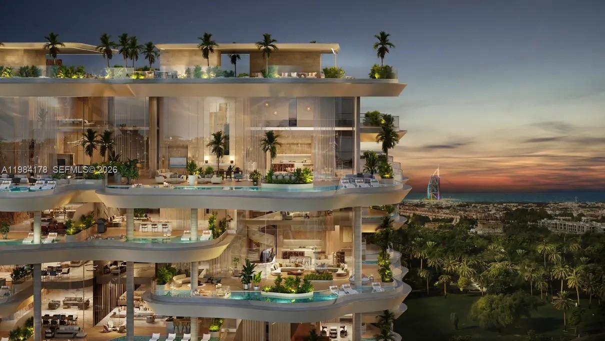 This architectural rendering shows a multi-story luxury building with private balconies, pools, and palm trees — 55 Al Wasl Road, Dubai, FL