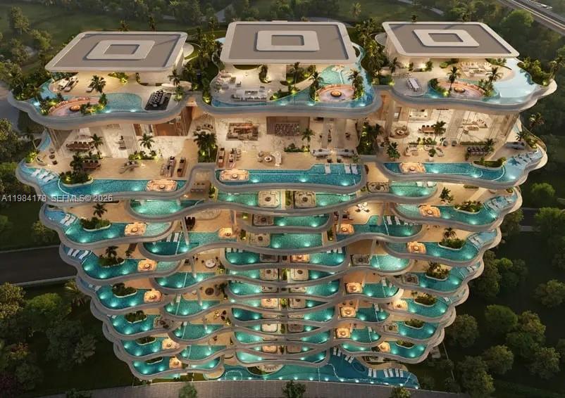 This architectural rendering shows a multi-story residential building featuring numerous private balconies with swimming pools — 55 Al Wasl Road, Dubai, FL