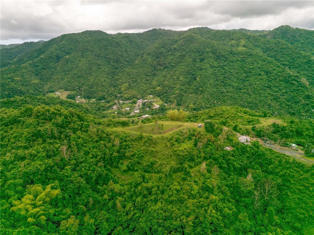 An aerial view shows a grassy hilltop clearing surrounded by dense tropical forest and mountains — INTERIOR BO MATON ABAJO MATÓN ABAJO, CAYEY, PR