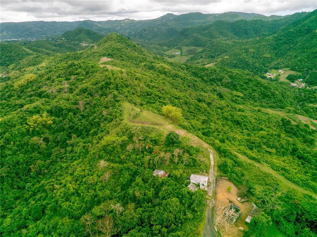 An aerial view shows a rural property with a house and structures nestled in mountains — INTERIOR BO MATON ABAJO MATÓN ABAJO, CAYEY, PR