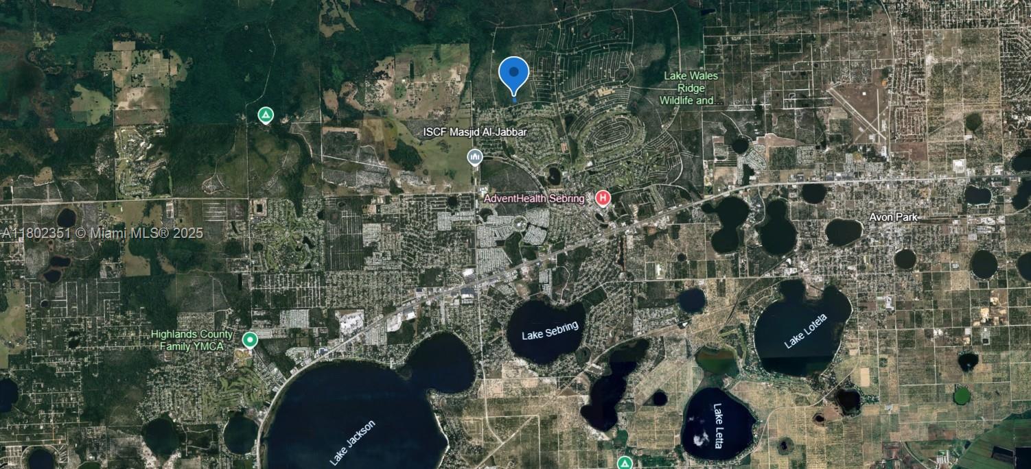 This is an aerial map showing the area around Sebring, Florida, including several lakes — 4601 MAJORCA, Sebring FL 33872, SEBRING, FL
