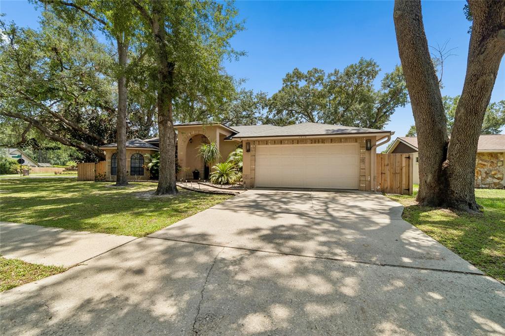 A single-story house with a two-car garage, concrete driveway, and large trees in the yard — 3602 ARLINGTON OAKS COURT, TAMPA, FL
