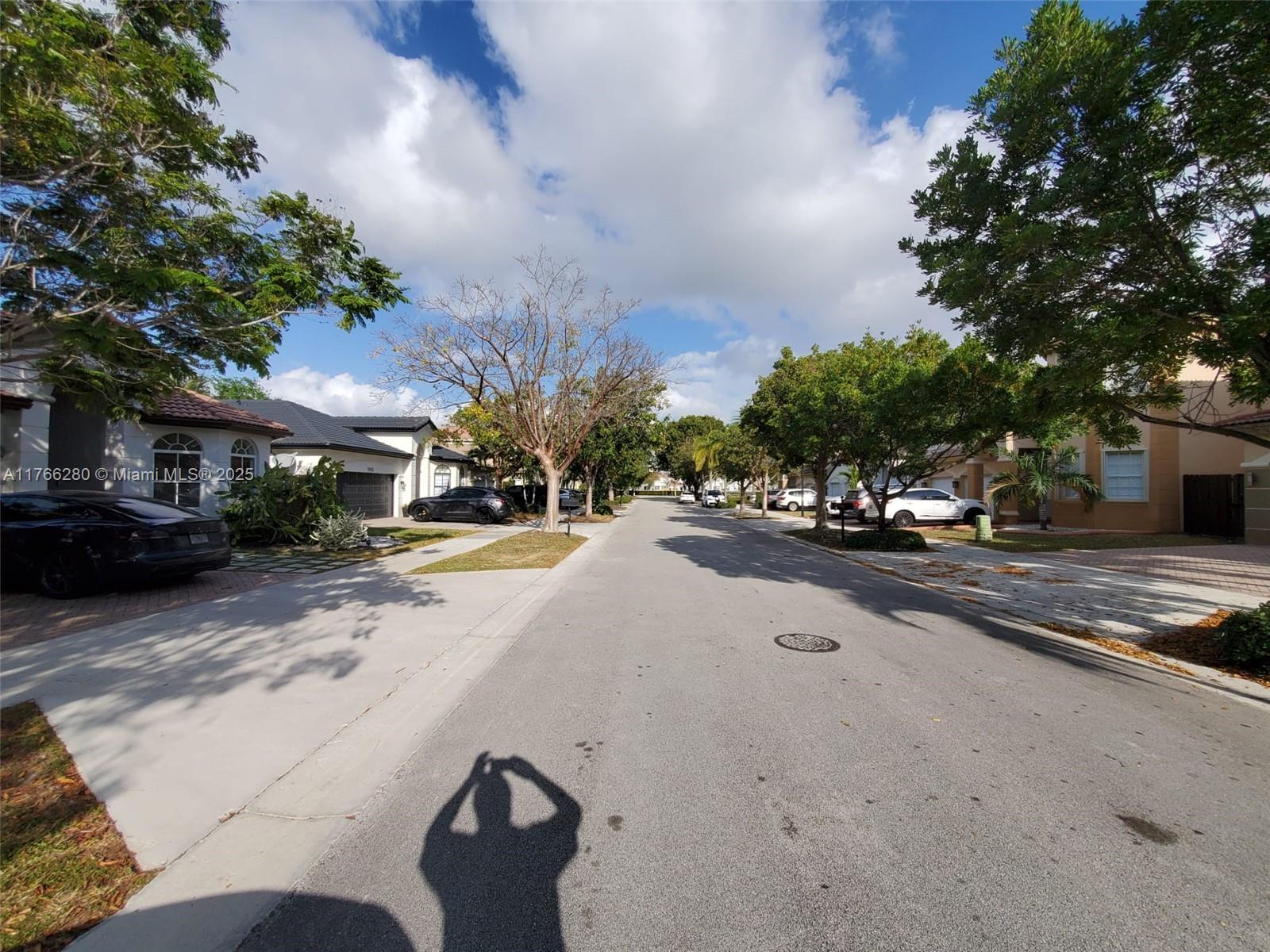 A residential street lined with houses, trees, and parked cars under a partly cloudy sky — 11009 NW 80th Ln, Doral FL 33178, DORAL, FL