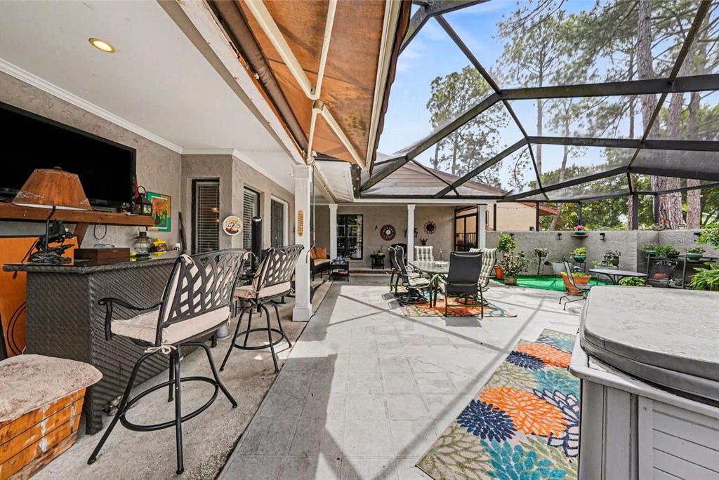 A screened-in patio features a bar area, outdoor dining set, and a hot tub — 4805 UMBER COURT, TAMPA, FL