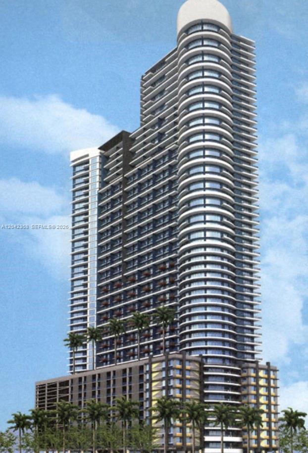 This is a digital rendering of a modern high-rise residential building with a curved facade — 60 SW 13th St # 1621, Miami FL 33130, MIAMI, FL