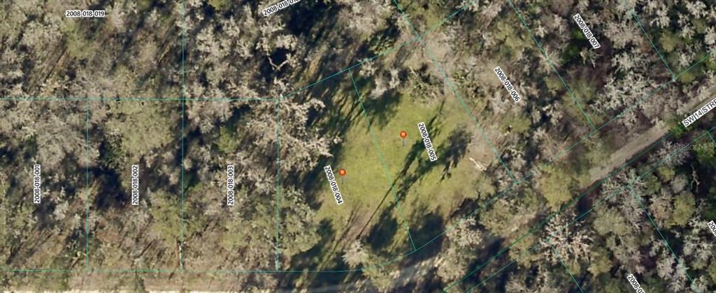This is an aerial map view showing two adjacent vacant lots outlined in a wooded area — 00 SW 14TH AVENUE, OCALA, FL