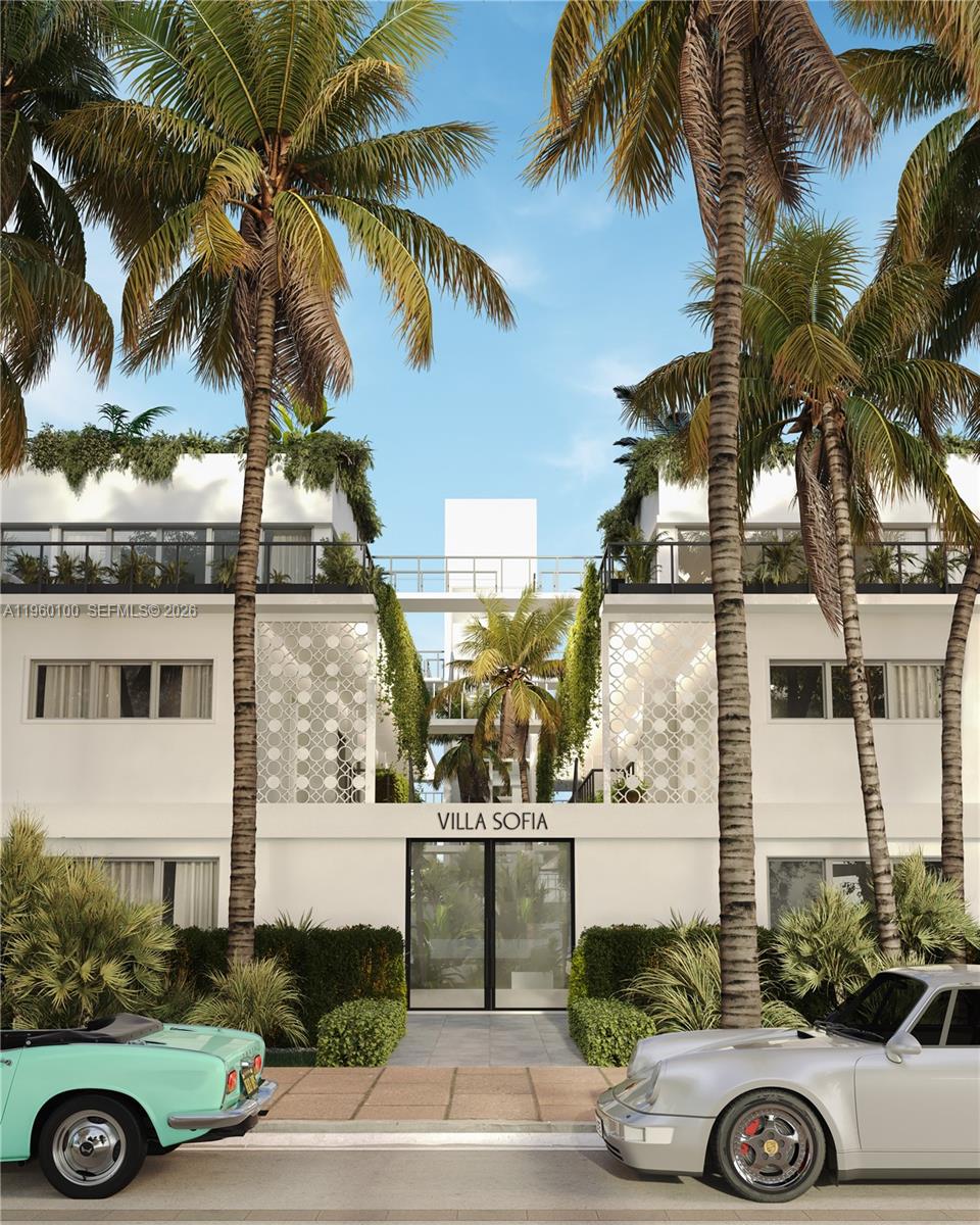 This is a rendering of the exterior of a modern residential building named Villa Sofia — 260 Collins Ave # 104, Miami Beach FL 33139, MIAMI BEACH, FL
