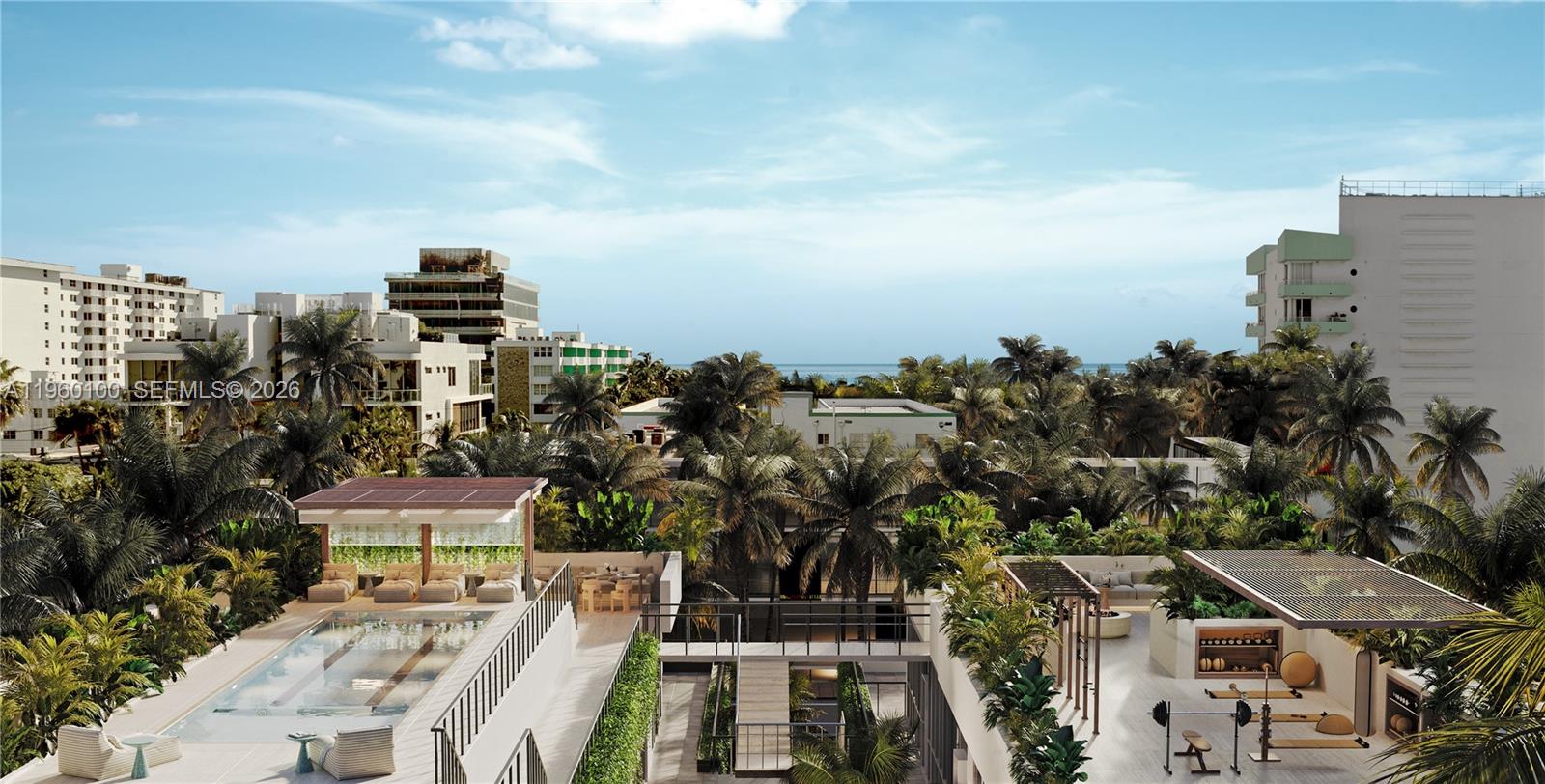 This rendering shows a rooftop terrace with a swimming pool, gym area, and palm trees — 260 Collins Ave # 104, Miami Beach FL 33139, MIAMI BEACH, FL