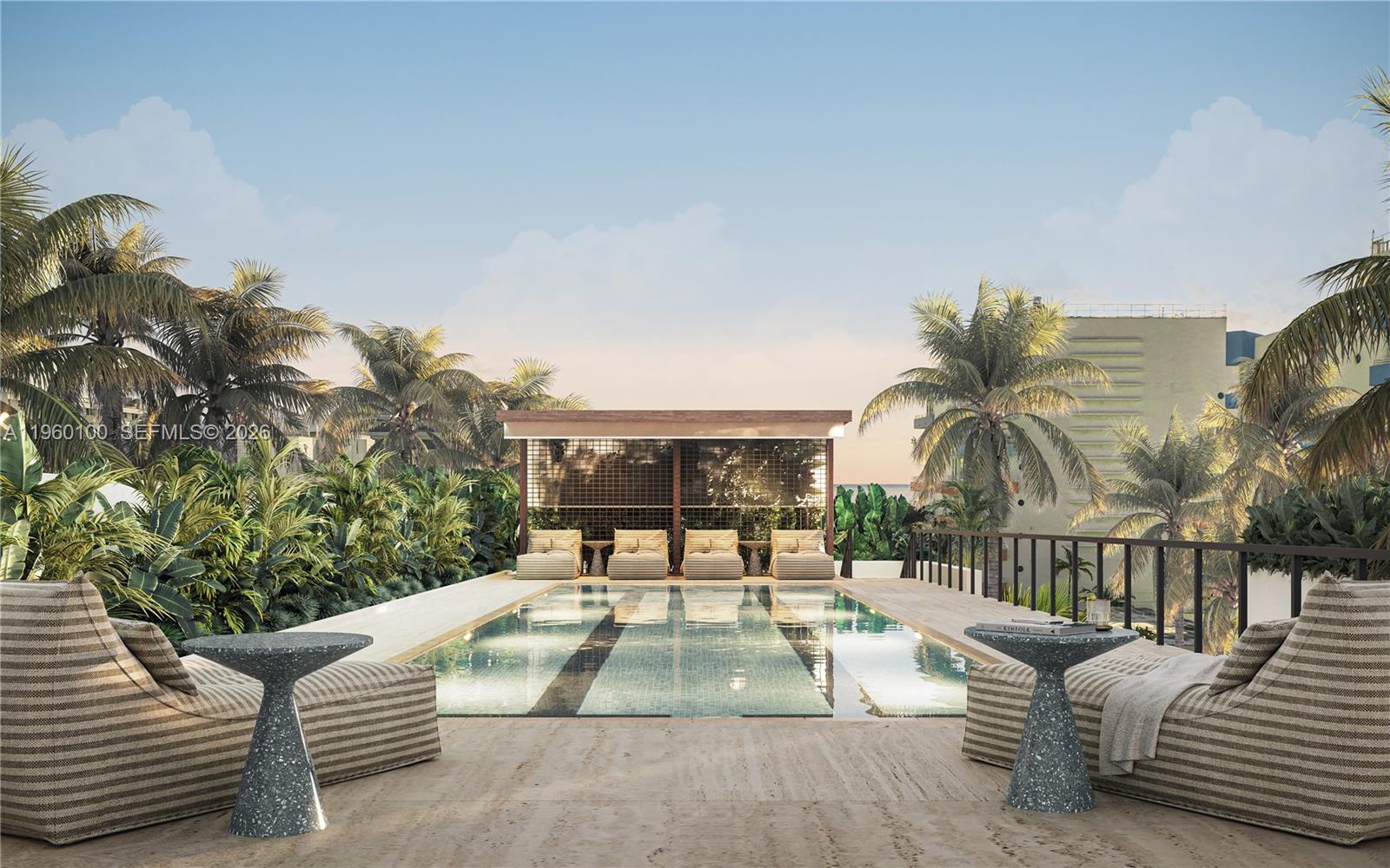 This is a rendering of an outdoor swimming pool area with lounge chairs and palm trees — 260 Collins Ave # 104, Miami Beach FL 33139, MIAMI BEACH, FL