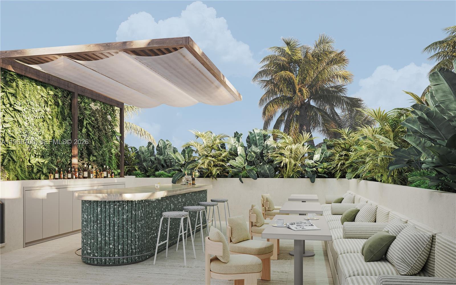 This rendering shows an outdoor bar and lounge area with lush greenery and modern seating — 260 Collins Ave # 104, Miami Beach FL 33139, MIAMI BEACH, FL