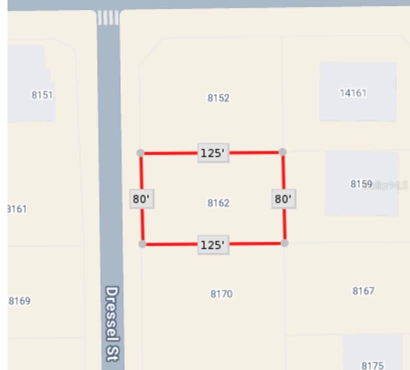 This map shows the rectangular property boundaries and dimensions of a lot on Dressel Street — 8162 DRESSEL STREET, PORT CHARLOTTE, FL