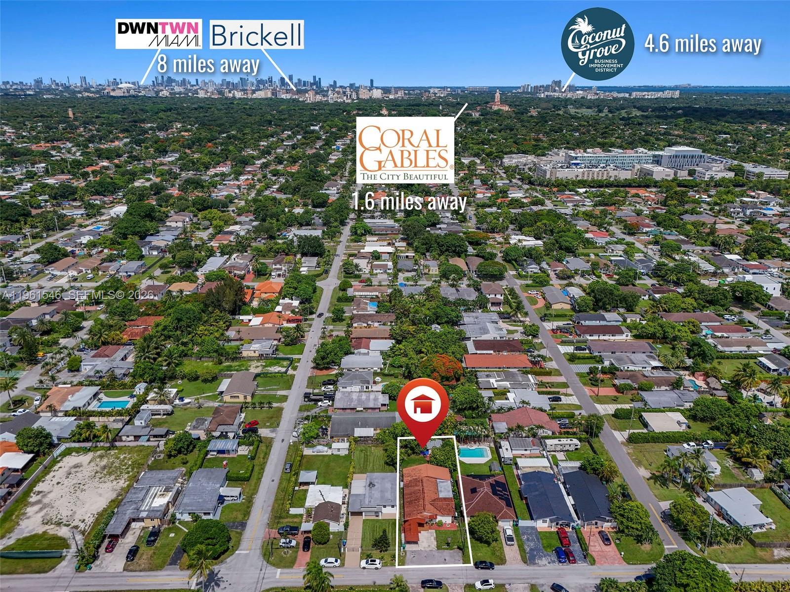 An aerial view shows a residential neighborhood with a highlighted house featuring a backyard pool — 2821 SW 65th Ave, Miami FL 33155, MIAMI, FL