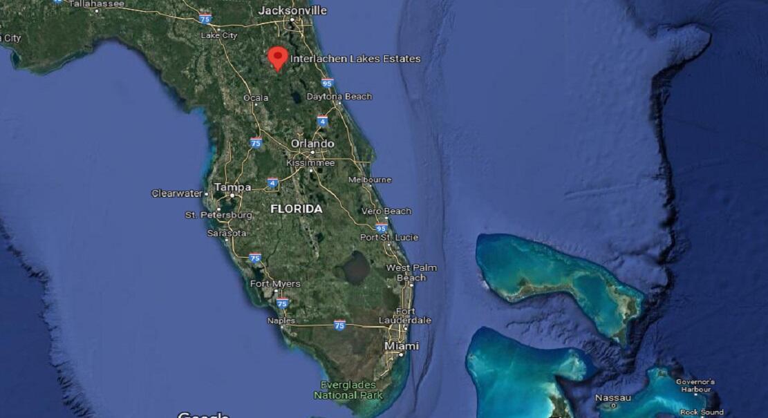 This is a map showing the location of Interlachen Lakes Estates in Florida — 208 Garrison Avenue, FL 32139, FL