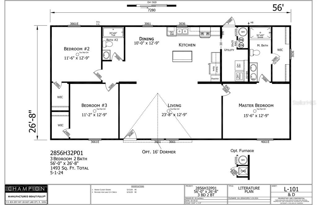 This is a floor plan for a three-bedroom, two-bathroom manufactured home measuring 56 by 26 feet — 5342 S ISABEL TERRACE, HOMOSASSA, FL