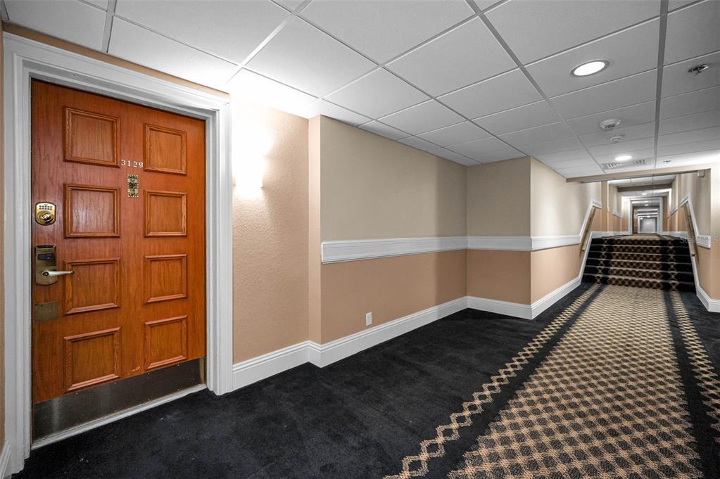 A hallway with a wooden door, beige walls, and a patterned carpet leading to stairs — 36750 US HIGHWAY 19 N UNIT 20-209, PALM HARBOR, FL