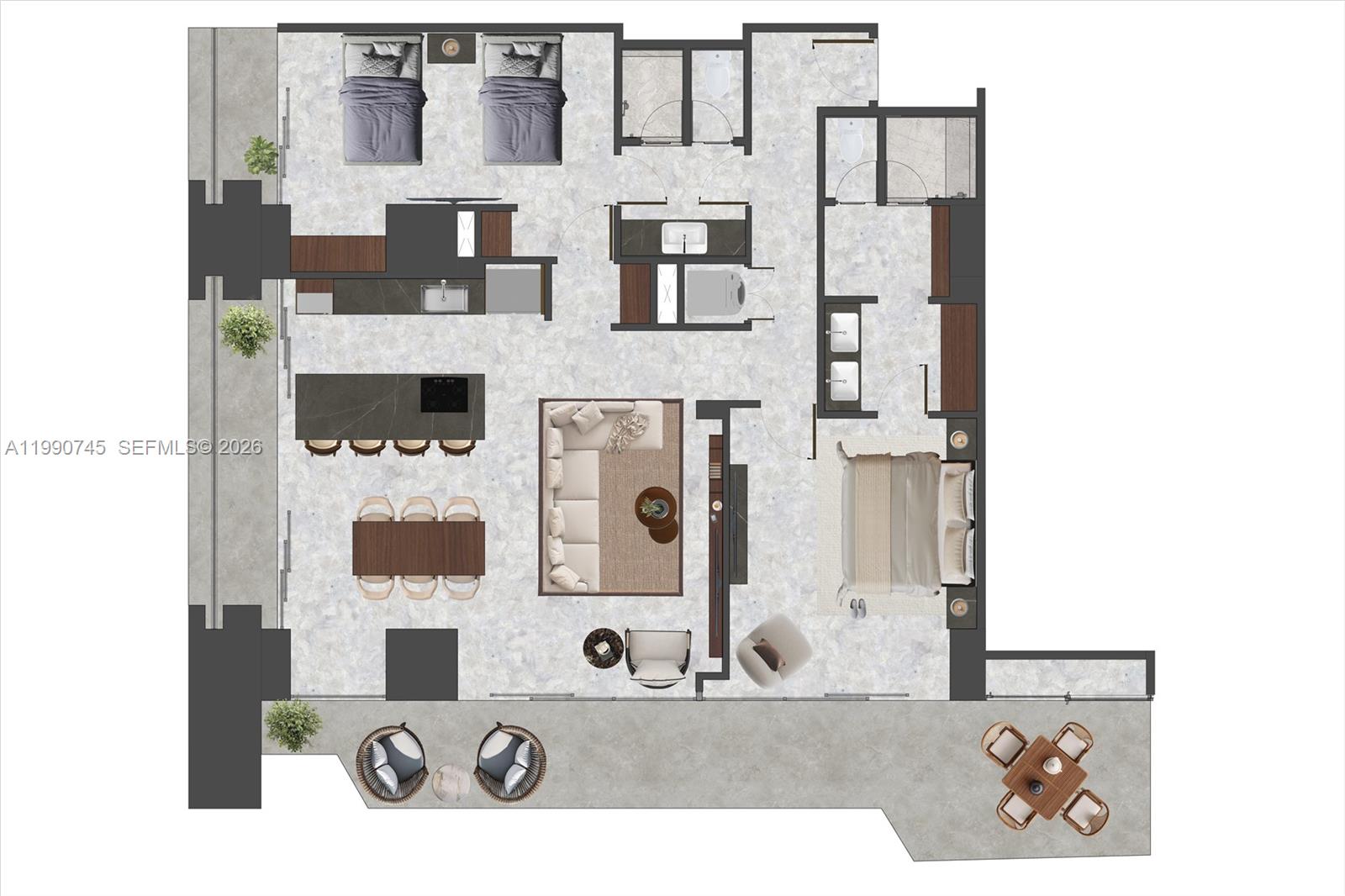 This is a floor plan rendering of a two-bedroom apartment with an open-concept living area — Zona Hotelera Cancun # 1031, TX 77500, TX