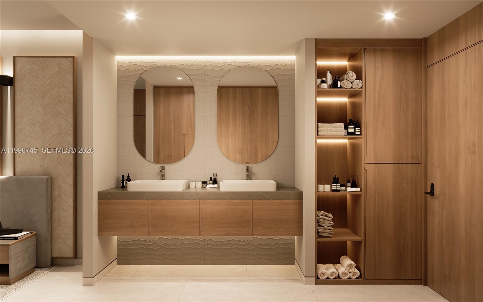 This is a rendering of a modern bathroom featuring a double vanity and wooden cabinetry — Zona Hotelera Cancun # 1031, TX 77500, TX