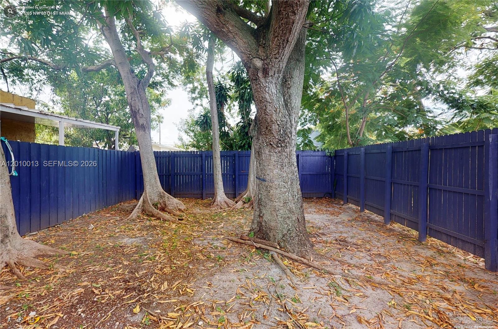 A backyard area features several large trees and a dark blue wooden privacy fence — 265 NW 80th St, Miami FL 33150, MIAMI, FL