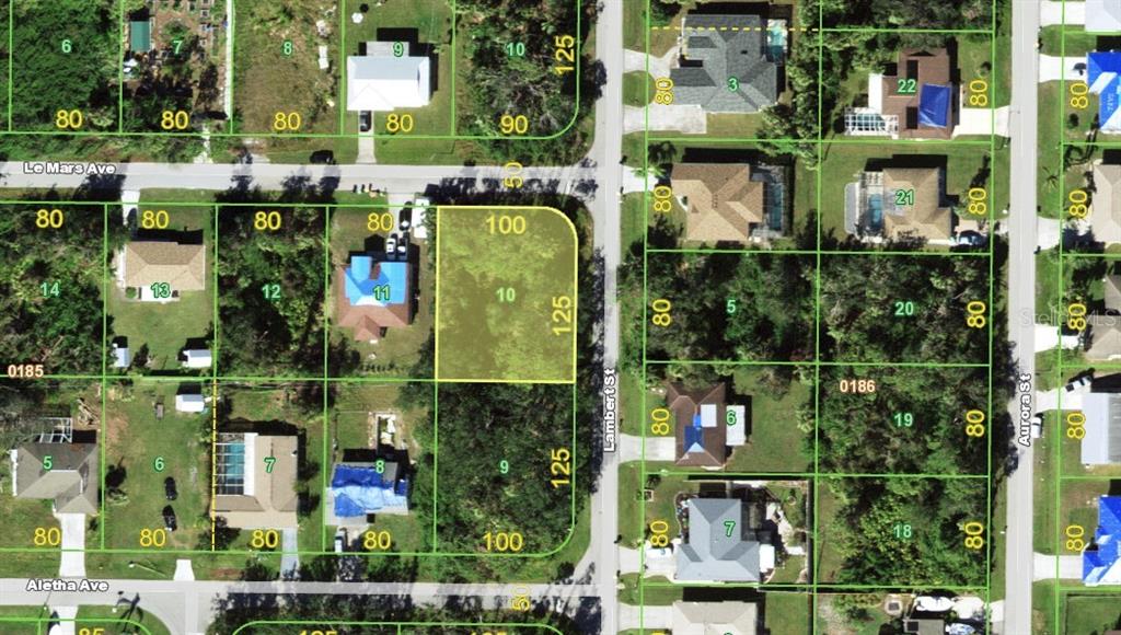 This is an aerial map showing residential lots and street layouts in a neighborhood — 1101 LEMARS AVENUE, PORT CHARLOTTE, FL