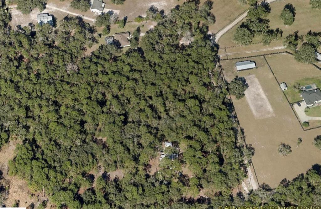 An aerial view shows a wooded lot adjacent to a property with a cleared pasture — DEERPAW TRAIL ROAD, DELAND, FL