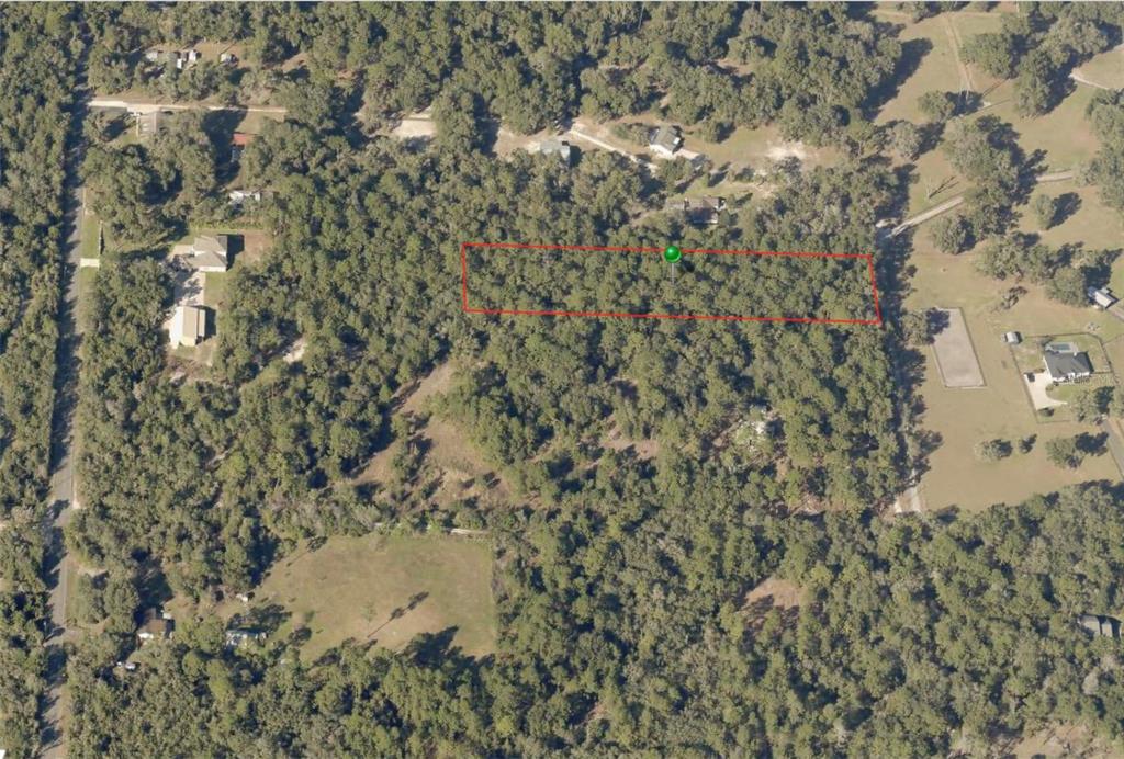 An aerial view shows a rectangular plot of land outlined in red within a forest — DEERPAW TRAIL ROAD, DELAND, FL