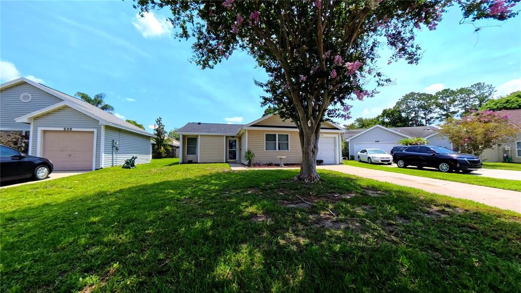 A single-story house with light siding and a large flowering tree in the front yard — 257 CLEMENS COURT, ORLANDO, FL