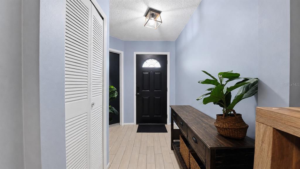 An entryway features light blue walls, wood-look tile flooring, a black front door, and a console — 257 CLEMENS COURT, ORLANDO, FL