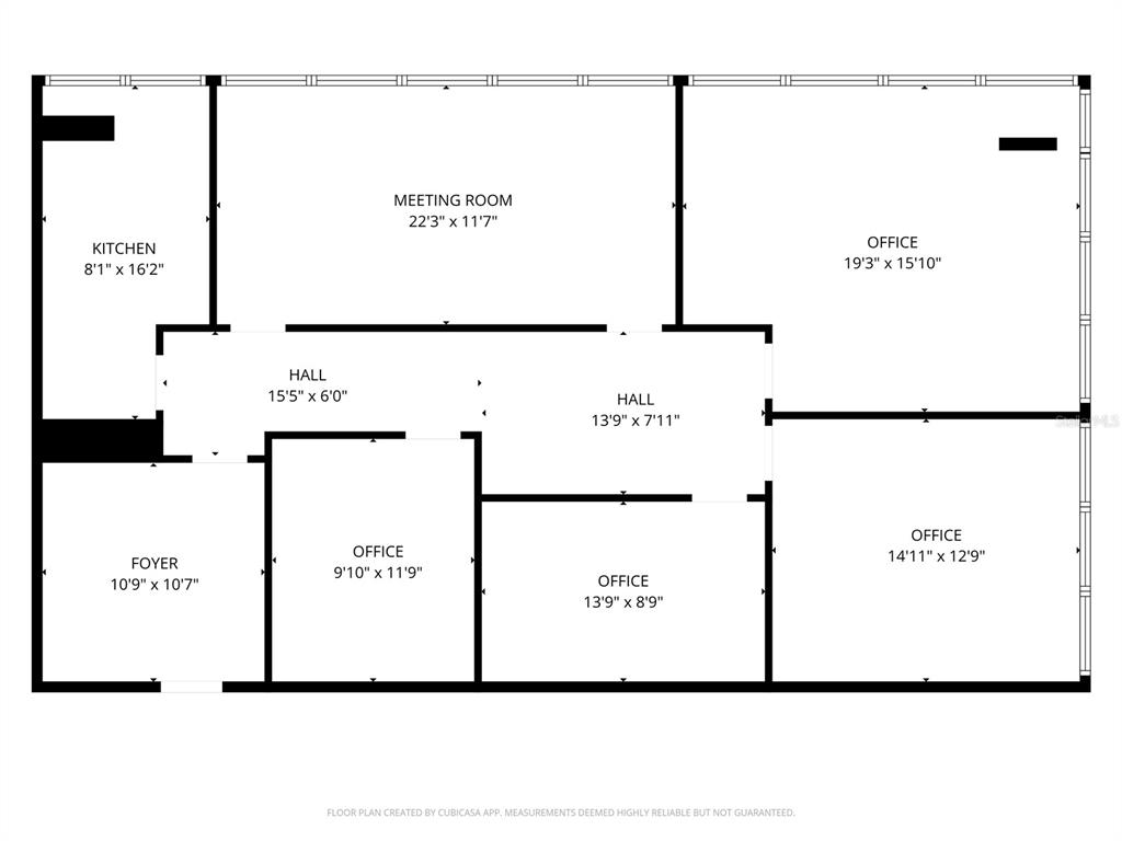 This is a floor plan showing a commercial office layout with a kitchen and multiple offices — 233 E BAY STREET UNIT 615, JACKSONVILLE, FL