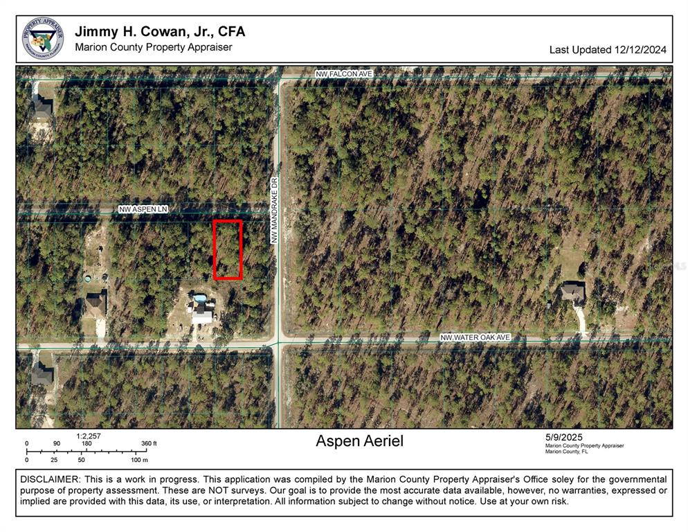 This is an aerial map showing a wooded residential lot outlined in red — 0 NW ASPEN LANE, DUNNELLON, FL