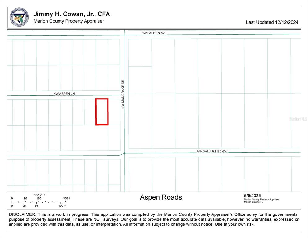 This is a property tax map showing land parcels near NW Aspen Lane and Mandrake Drive — 0 NW ASPEN LANE, DUNNELLON, FL
