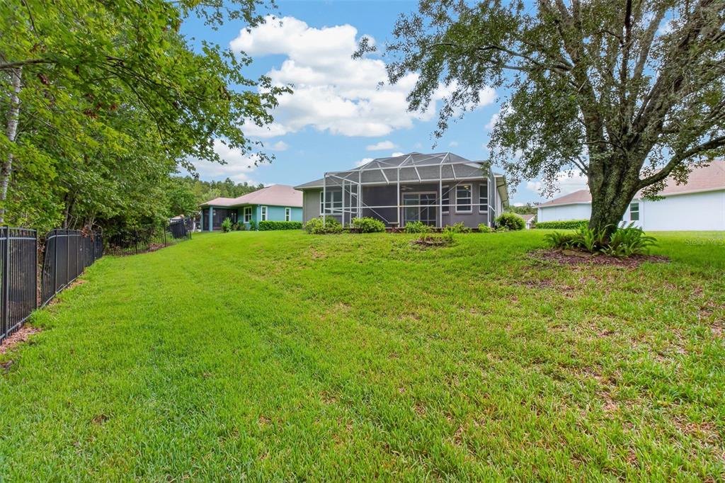 A backyard view of a house with a screened-in patio and a black metal fence — 11156 MERGANSER WAY, NEW PORT RICHEY, FL