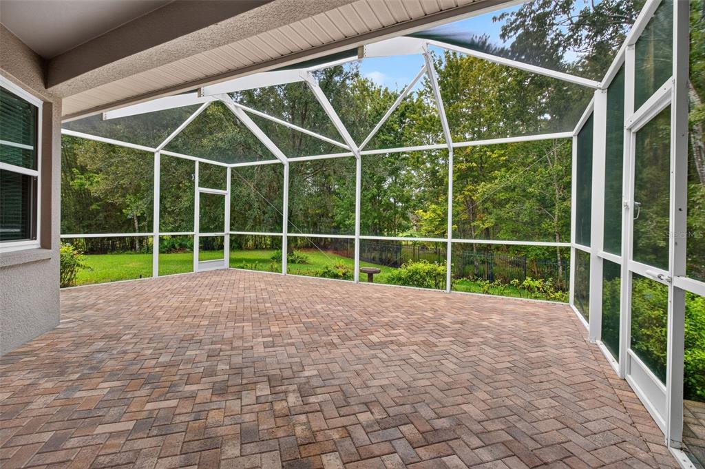 A screened-in patio with brick pavers overlooks a grassy backyard and wooded area — 11156 MERGANSER WAY, NEW PORT RICHEY, FL