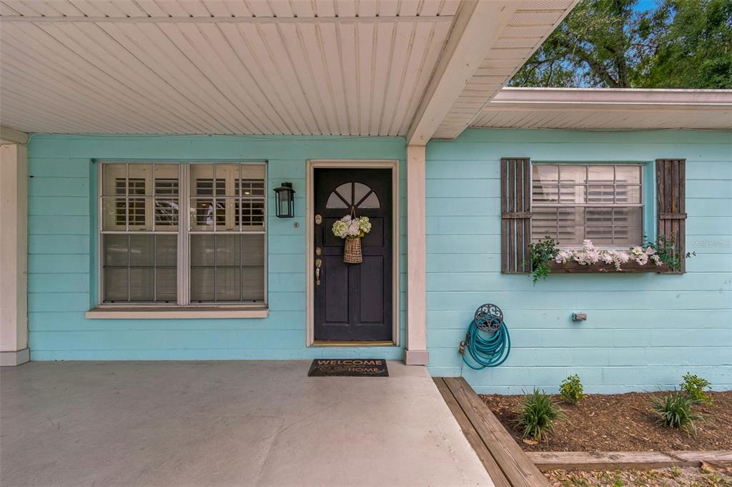 A light blue house exterior features a dark front door, white shutters, and a porch — 11307 N BOULEVARD, TAMPA, FL