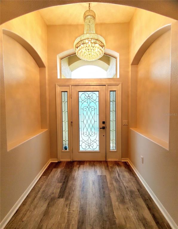 An entryway features wood-look flooring, a glass-paneled front door, and a crystal chandelier — 25644 FRITH STREET, LAND O LAKES, FL