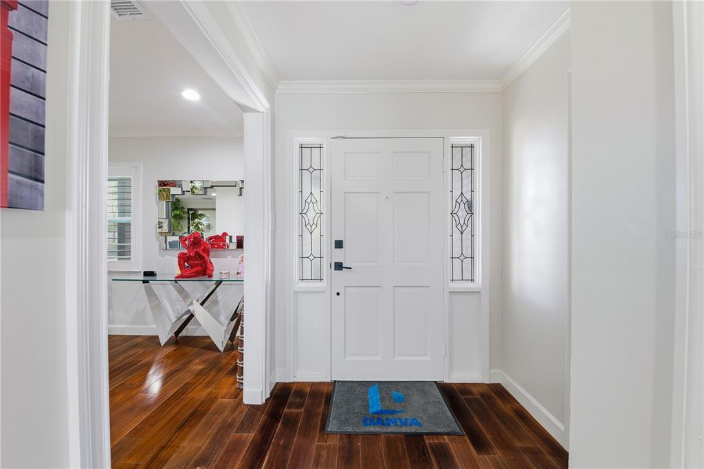 A white front door with sidelights opens into a foyer with dark wood flooring — 15509 CASEY ROAD, TAMPA, FL