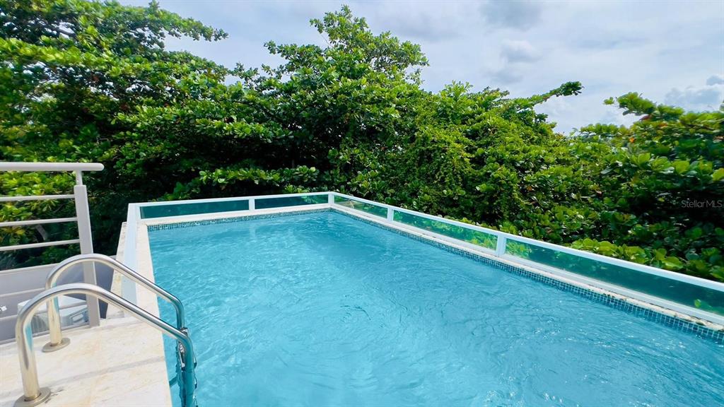 An elevated swimming pool with a glass railing is surrounded by lush green trees — Km 4.7 CARR 413 INT UNIT 102, RINCON, PR