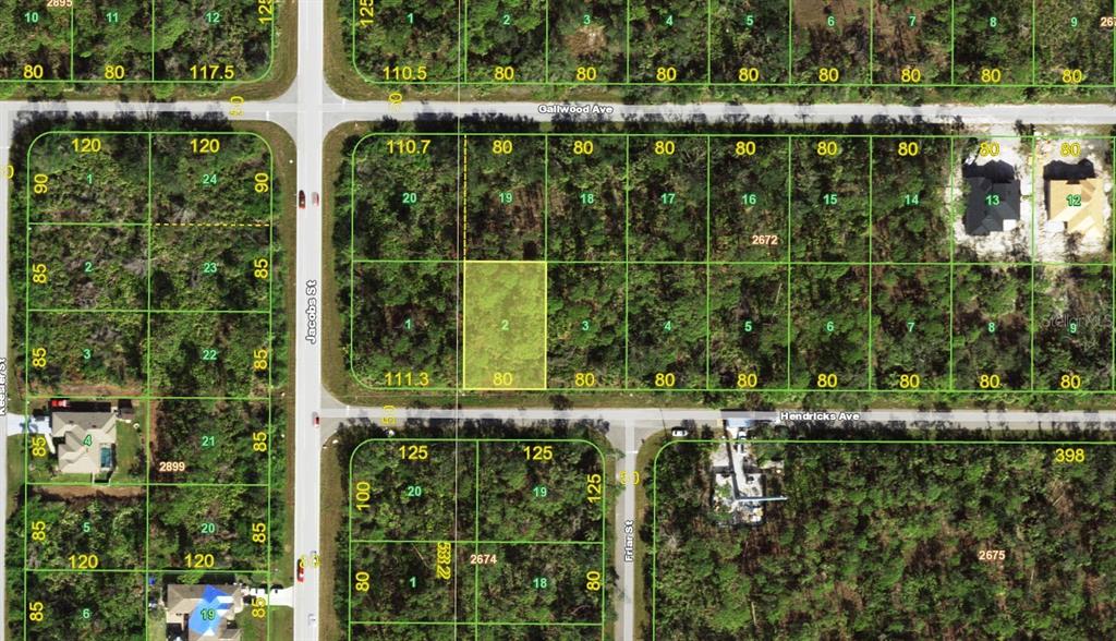 This is a map showing a grid of residential land parcels with street names — 14012 HENDRICKS AVENUE, PORT CHARLOTTE, FL