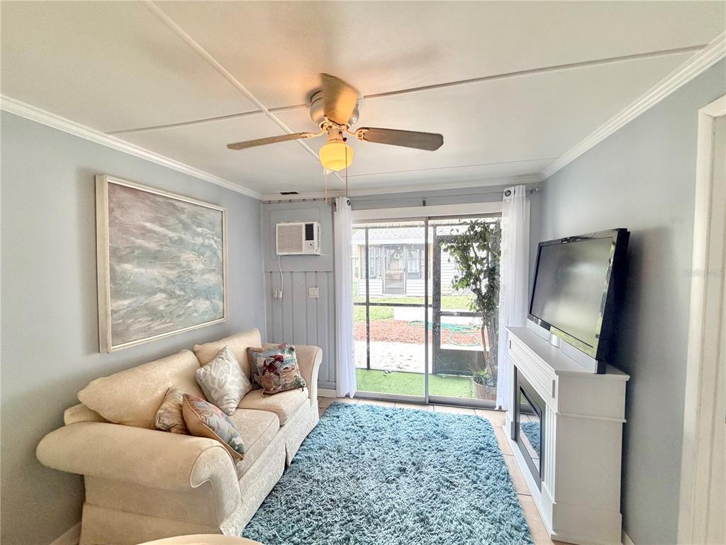 A living room features a beige sofa, a blue rug, a fireplace, and sliding glass doors — 10301 US HIGHWAY 27 UNIT 192, CLERMONT, FL