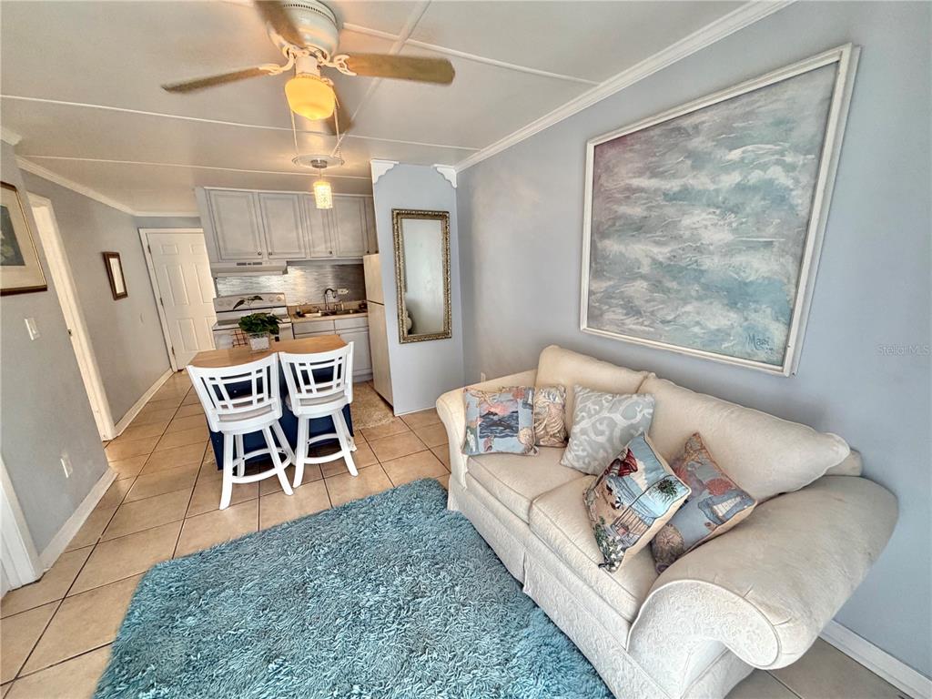 A living room with a sofa and rug opens to a kitchen with bar seating — 10301 US HIGHWAY 27 UNIT 192, CLERMONT, FL