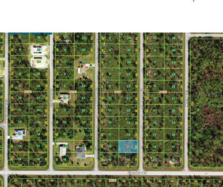 This is a map showing a grid of residential land parcels with street names — 2481 SAMPSON STREET, PORT CHARLOTTE, FL